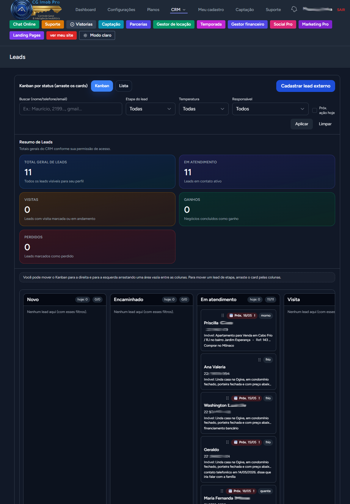 Kanban de leads do CG Imob Pro
